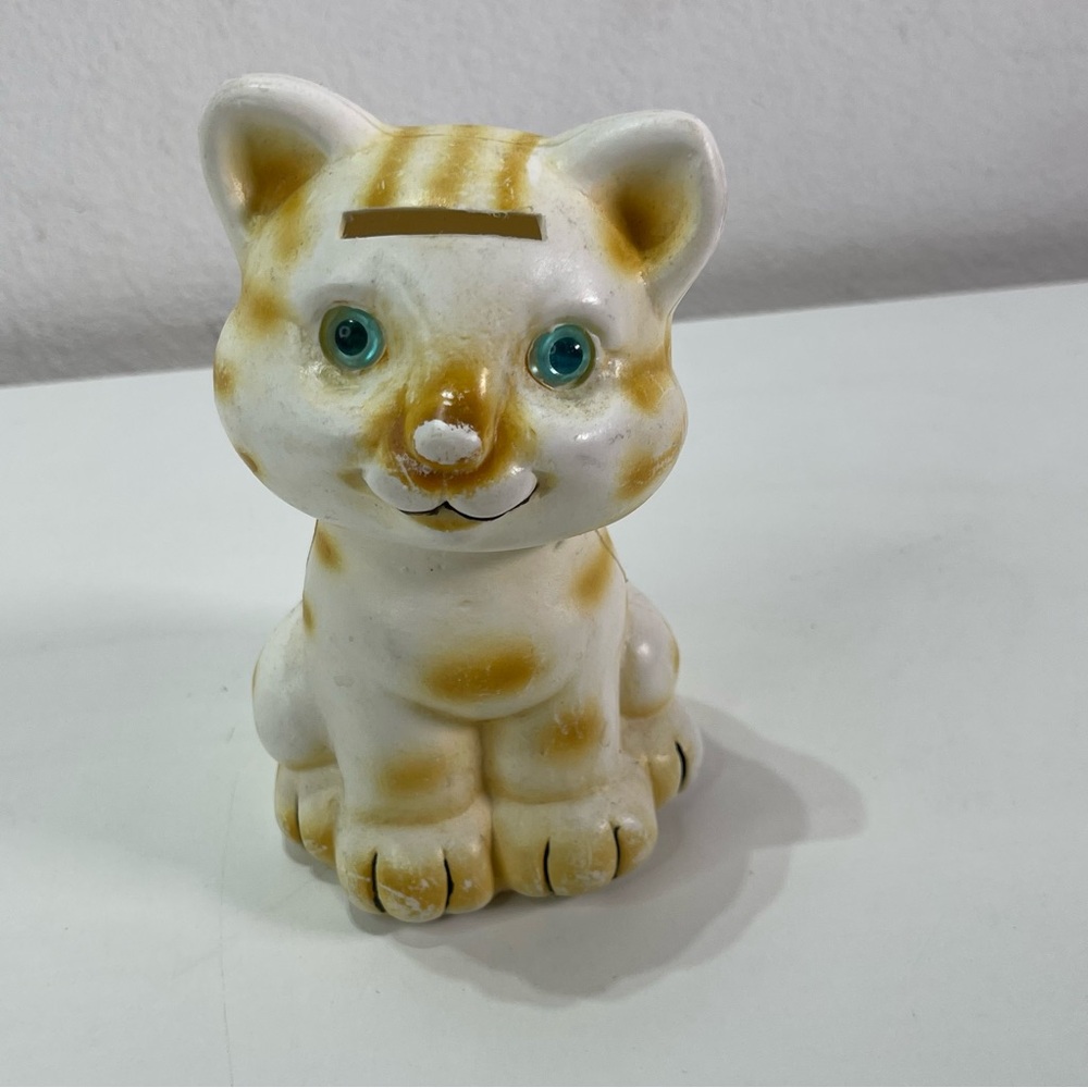 Vintage Plastic Ginger Cat Plastic Coin Bank Piggy Bank Blue Eyes Cat Lovers 6''